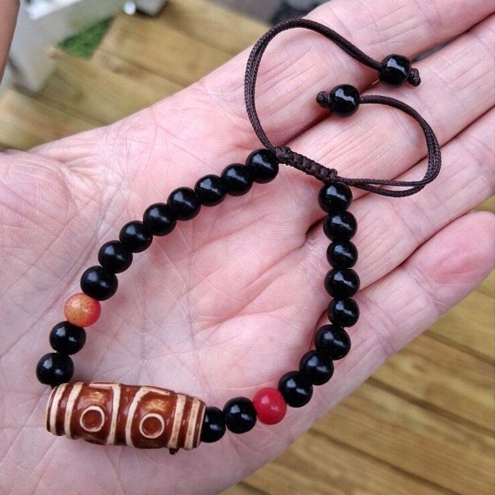 459 Black Glass Beads Bracelet Barrel Tribal Charm Slide Knot